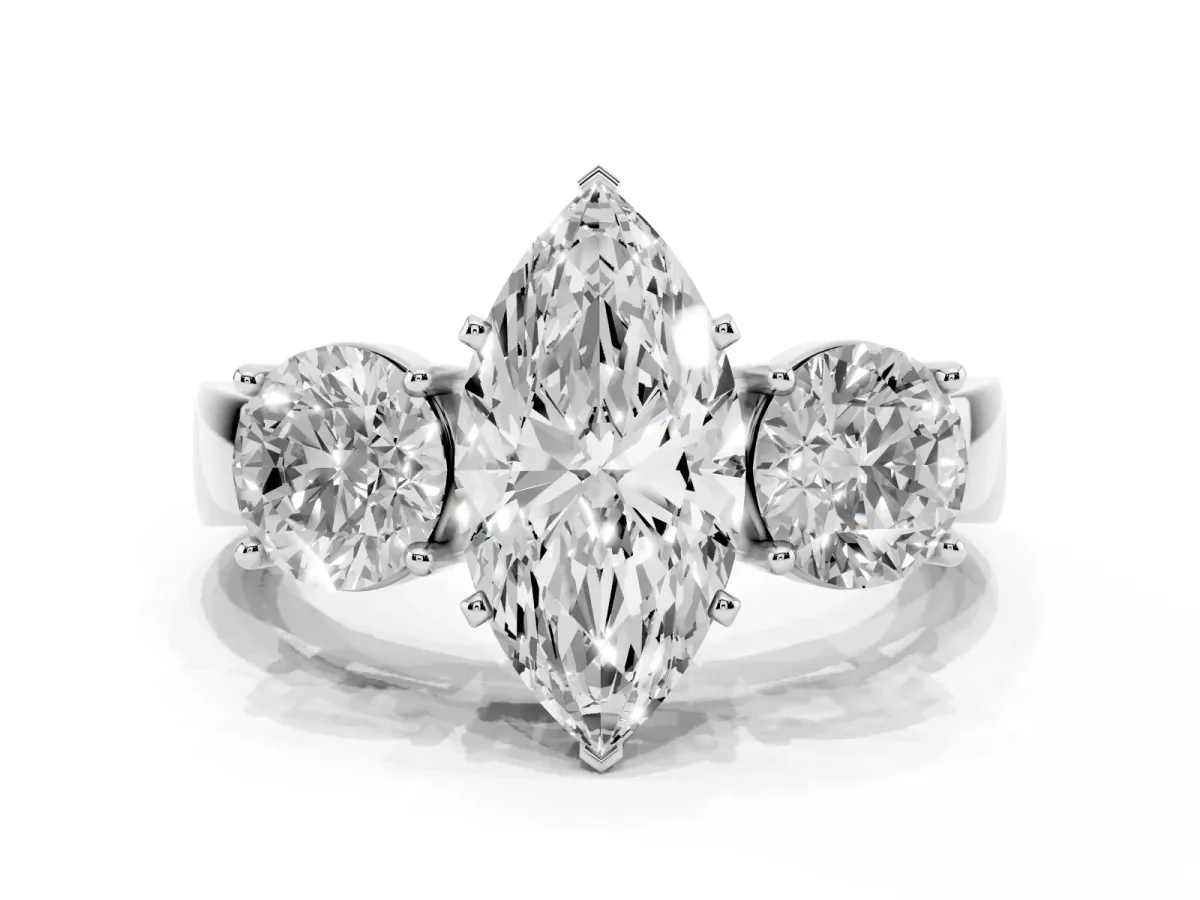 Three-Stone Marquise Cut Diamond Ring with Round Side Stones, Classic Band, and Four-Prong Setting Silver