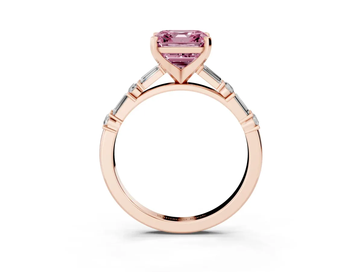 Fancy Pink Asscher Cut Diamond Solitaire with Side Baguettes and Channel Set Band Rose gold