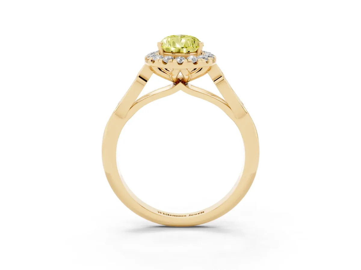 Fancy Yellow Pear Cut Halo Diamond Engagement Ring with Filigree Band and Four-Prong Setting Yellow gold