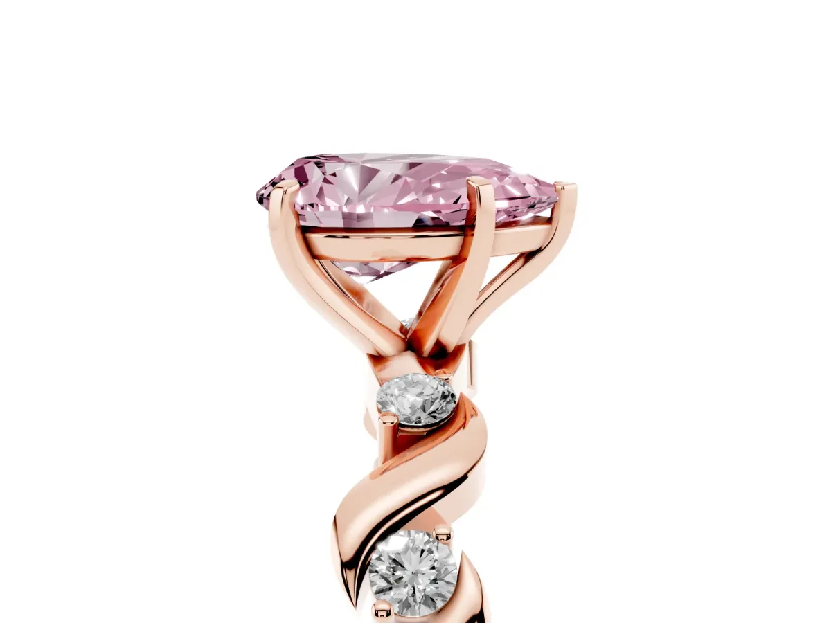 Fancy Pink Pear Cut Diamond Solitaire Twisted Band with Round Accents and Prong Setting Rose gold