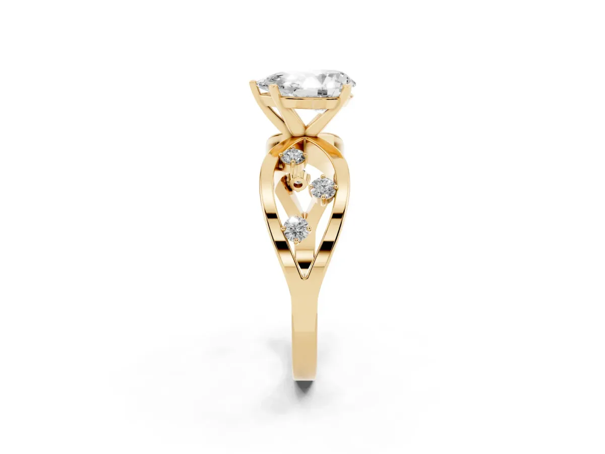 Pear Cut Cut Solitaire Diamond with Side Stones on Criss-Cross Band and Four-Prong Setting Yellow gold