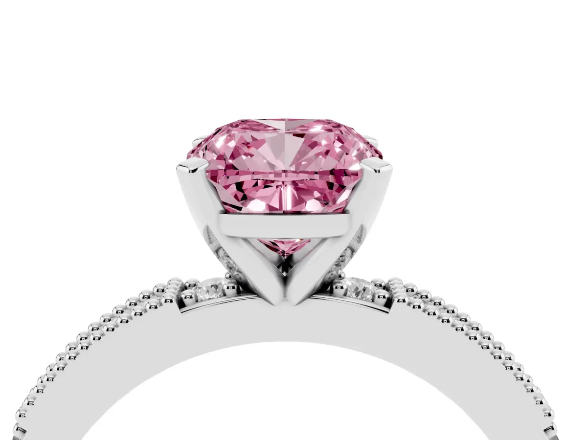 Fancy Pink Cushion Cut Solitaire with Pavé Band and Four-Prong Setting Silver