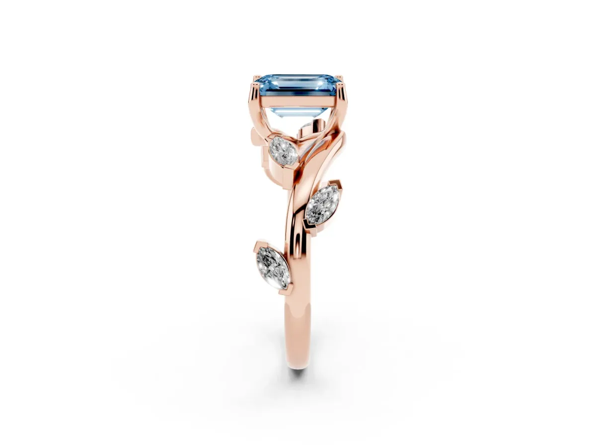 Fancy Blue Emerald Cut Solitaire Twisted Band Marquise Accent Prong Setting Ring Rose gold