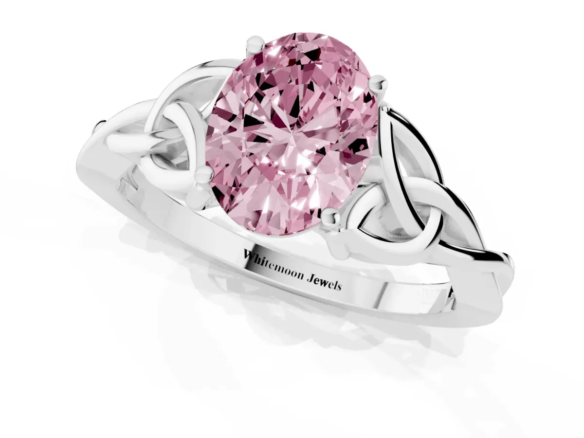 Fancy Pink Oval Cut Diamond Solitaire Engagement Ring with Celtic Knot Band and Four-Prong Setting White gold
