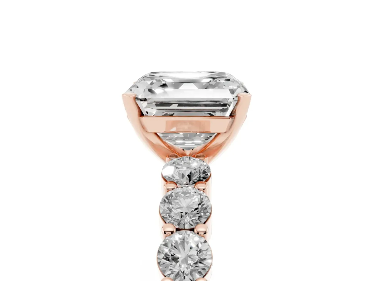 Asscher Cut Diamond Solitaire Ring with Shared Prong Round Side Stones Rose gold