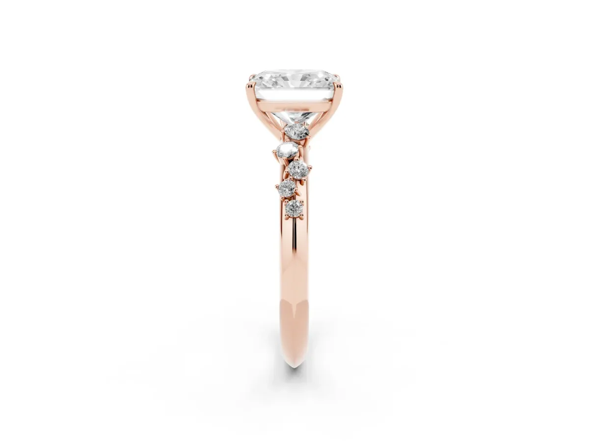 Radiant Cut Diamond Cluster Side Stone Solitaire Ring with Prong Setting Rose gold