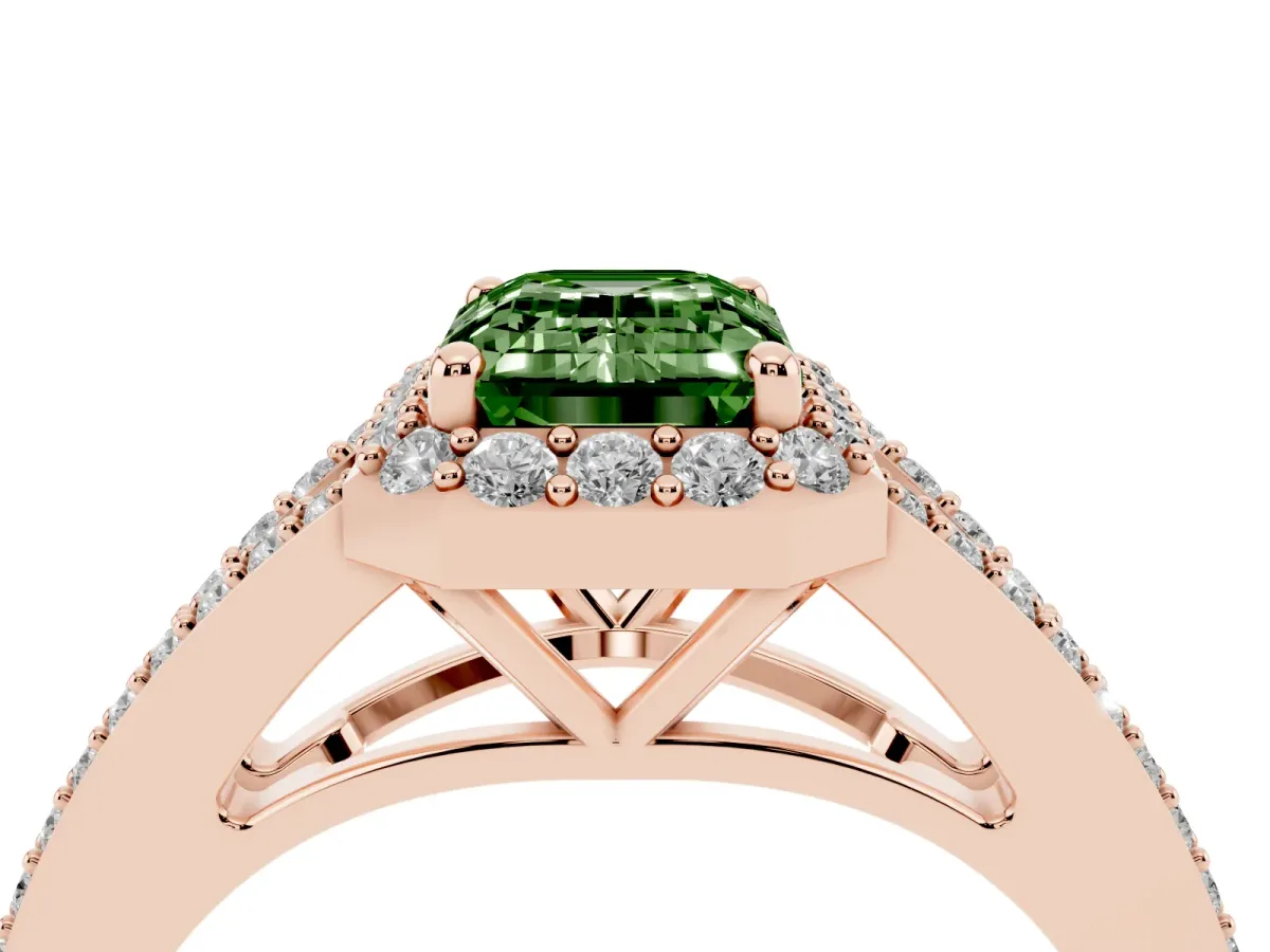 Fancy Green Emerald Cut Halo Split Shank Pave Diamond Ring with Four-Prong Setting Rose gold