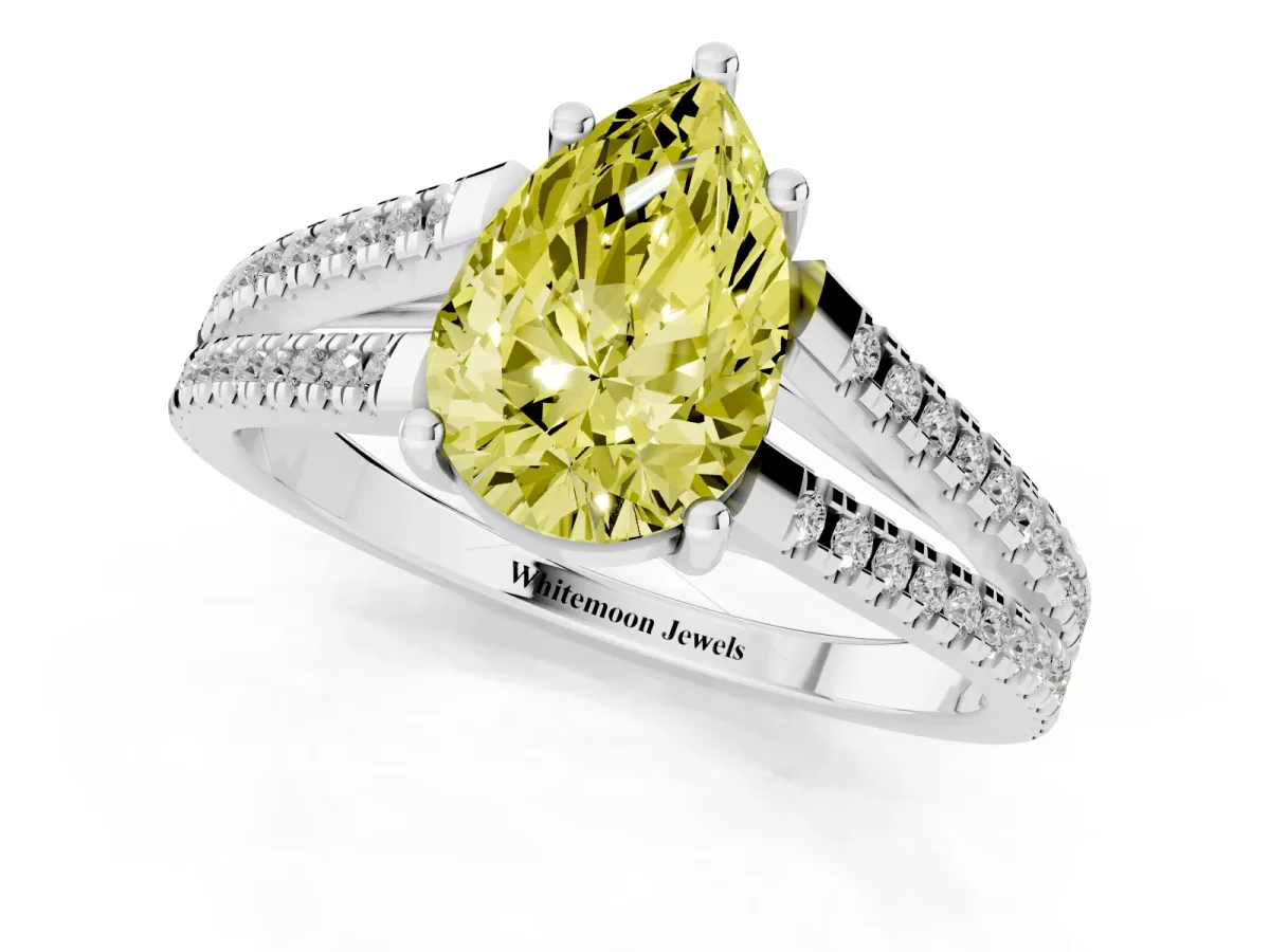 Fancy Yellow Pear Cut Diamond Solitaire Engagement Ring with Split Shank Pavé Band Platinum