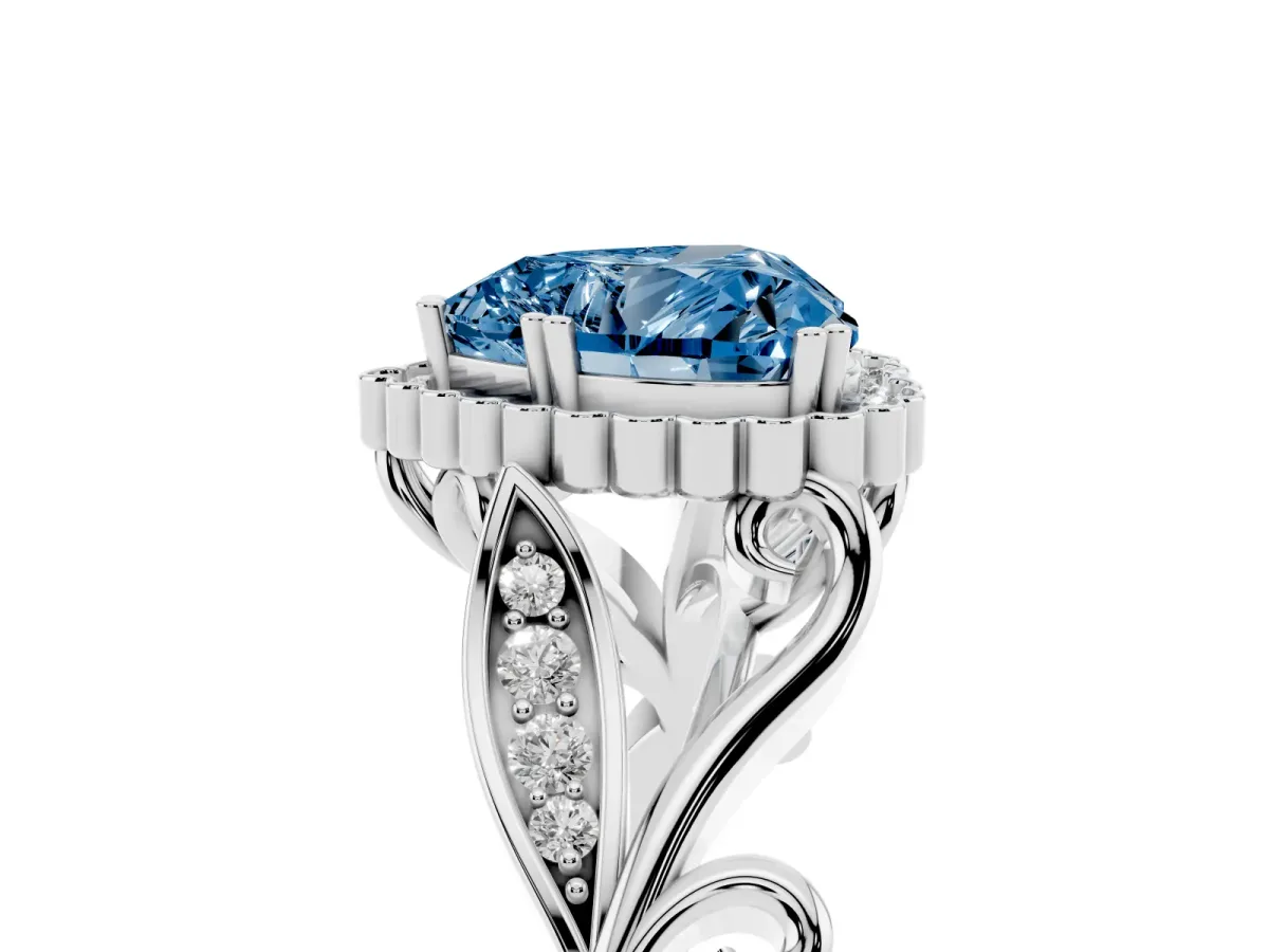 Fancy Blue Heart Cut Diamond Halo Ring with Vintage Split Shank and Four-Prong Setting Silver