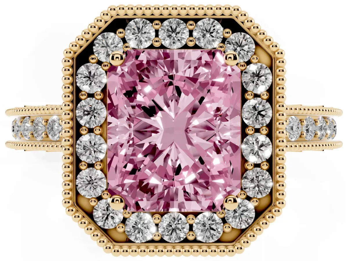Fancy Pink Radiant Cut Diamond Milgrain Halo Engagement Ring with Round Pavé Band and Prong Setting Yellow gold