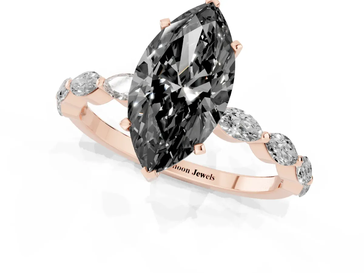 Fancy Black Marquise Cut Diamond Ring with Marquise Side Stones and Prong Setting Rose gold