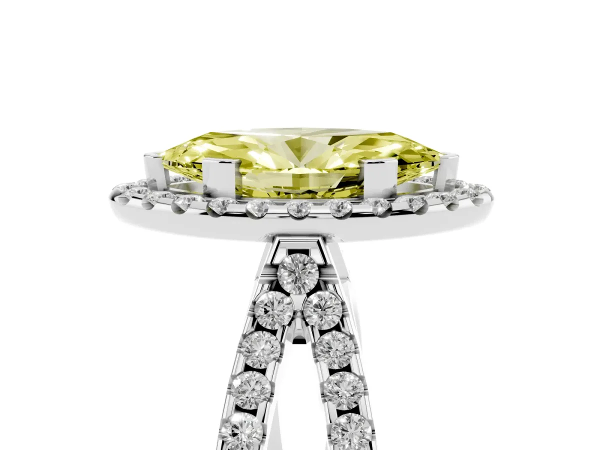 Fancy Yellow Marquise Cut Diamond Halo Ring with Split Shank Pavé Band and Prong Setting White gold