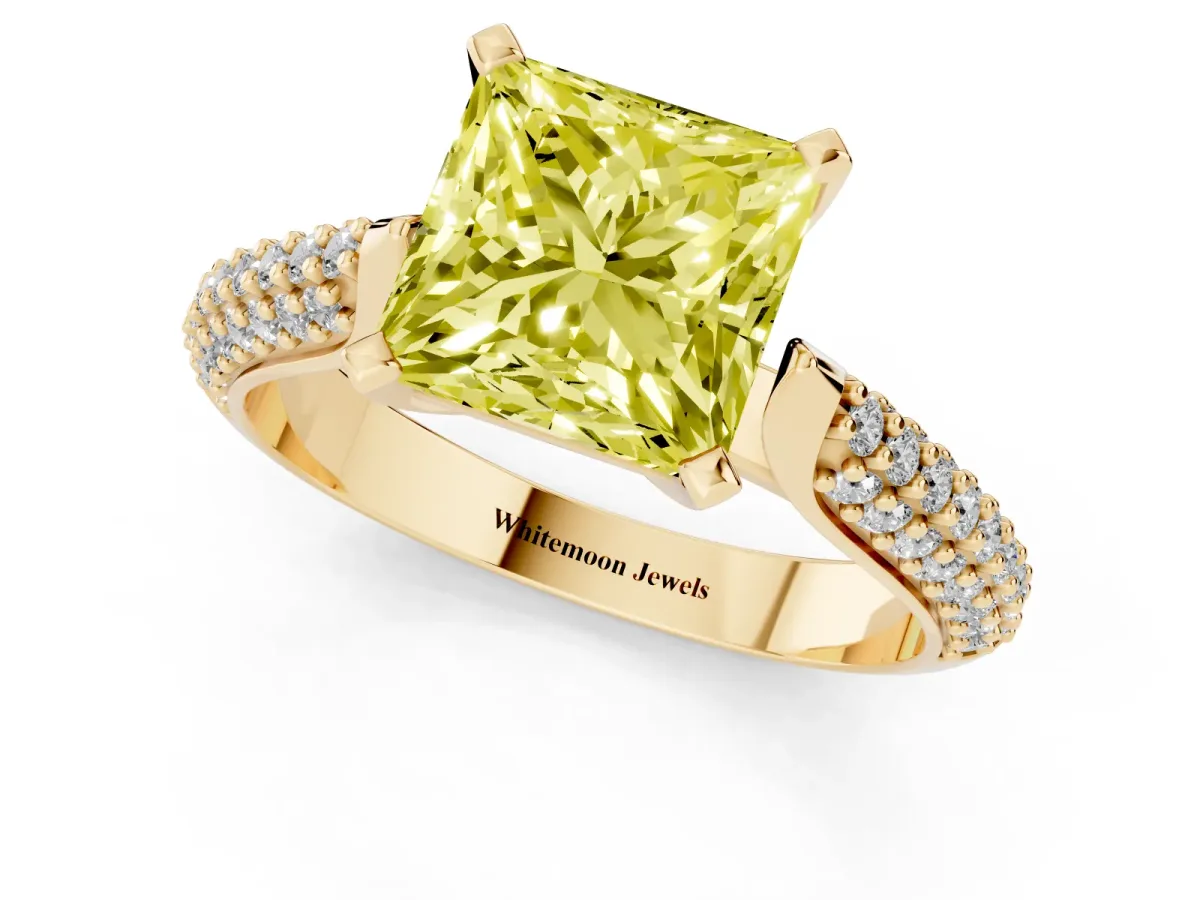 Fancy Yellow Princess Cut Diamond Solitaire Engagement Ring with Multi-Row Round Pavé Band and Prong Setting Yellow gold