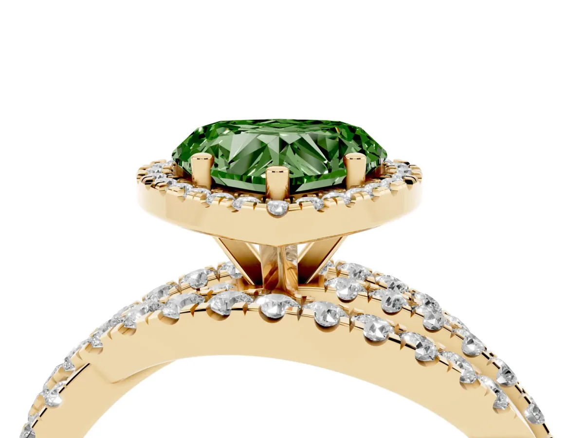 Fancy Green Heart Cut Diamond Halo Ring with Round Split Shank and Prong Setting Yellow gold