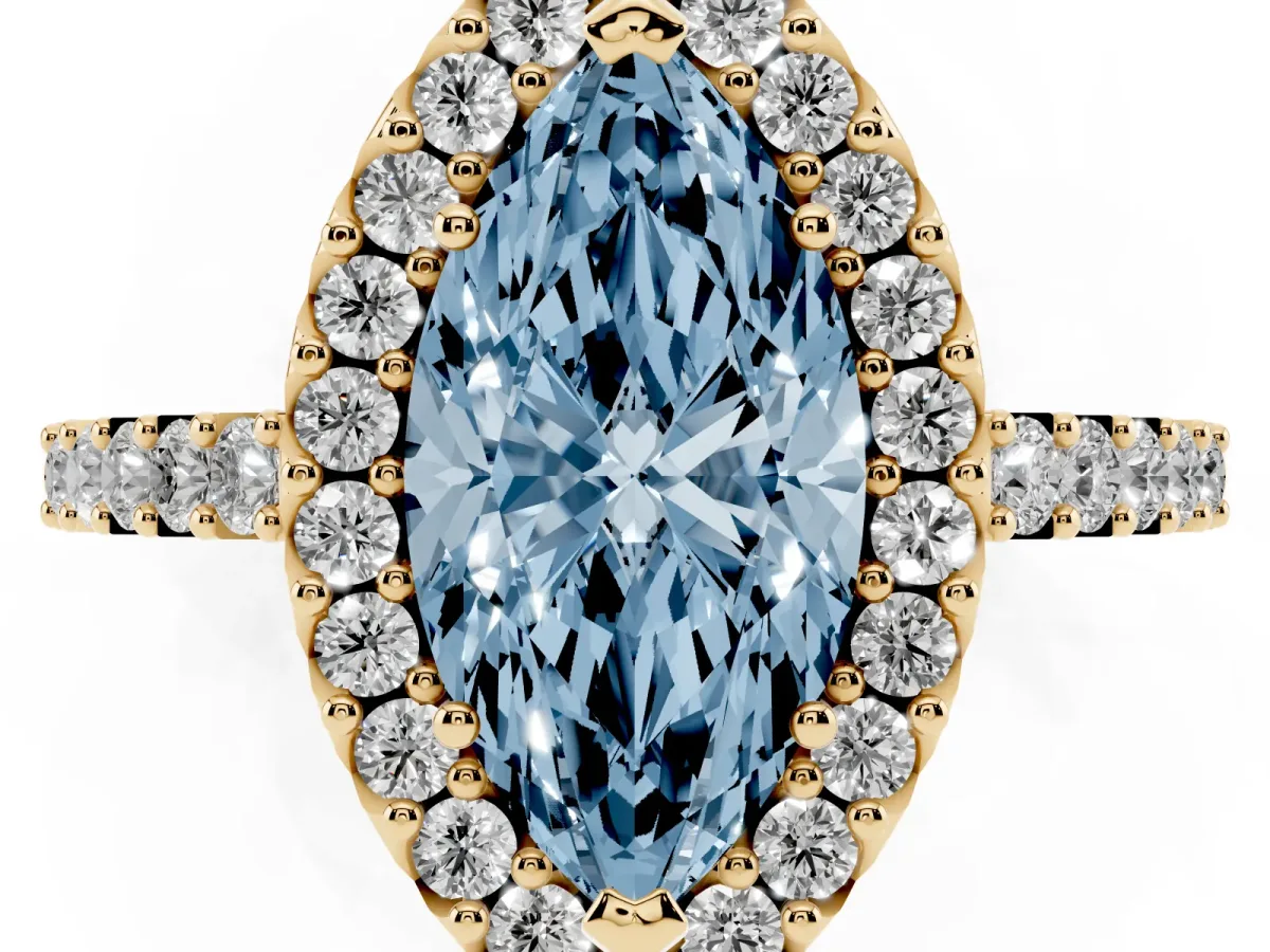 Fancy Blue Marquise Cut Halo Diamond Pavé Solitaire Ring Yellow gold