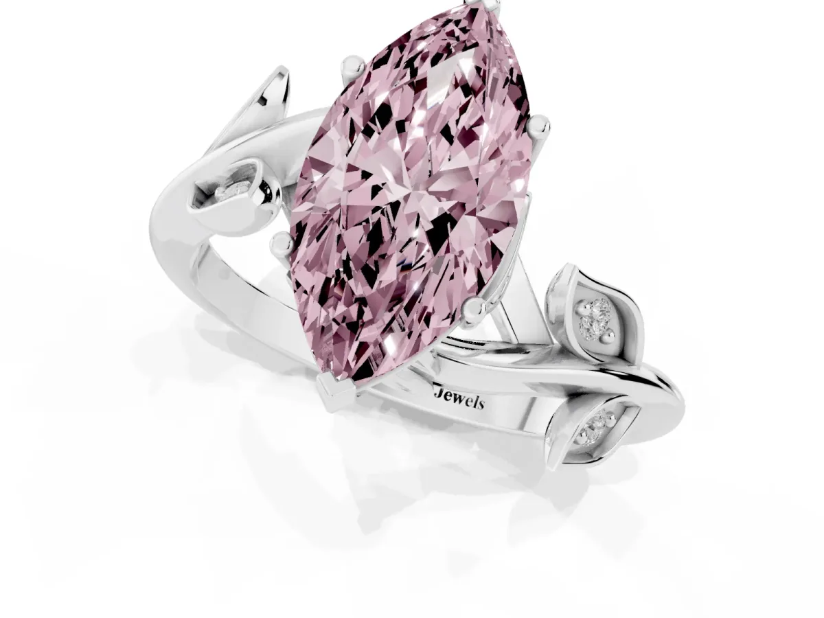 Fancy Pink Marquise Cut Solitaire Twist Engagement Ring with Leaf Accents and Prong Setting Silver