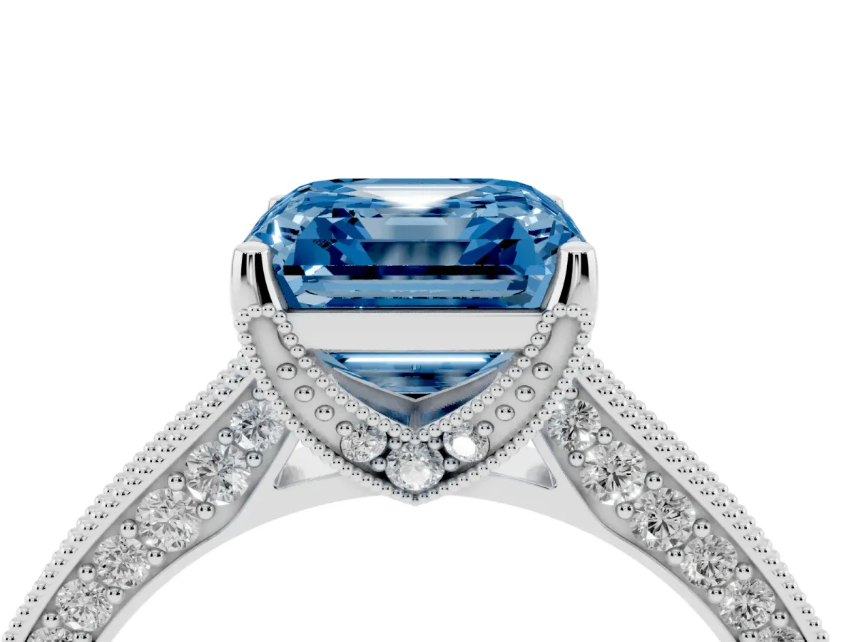 Fancy Blue Asscher Cut Cut Diamond Solitaire Ring with Milgrain Pave Band and Four Prong Setting Silver