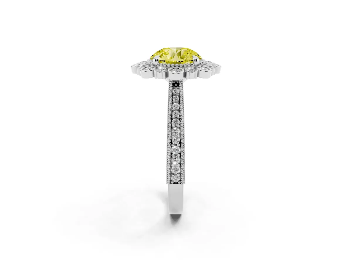 Fancy Yellow Round Cut Halo Milgrain Pave Diamond Ring with Four-Prong Setting Silver