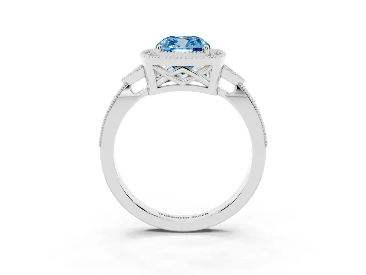 Fancy Blue Cushion Cut Halo Round Diamond Milgrain Pave Engagement Ring Platinum