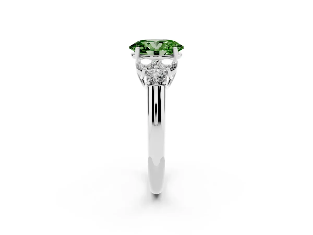 Fancy Green Oval Cut Cut Diamond Cluster Ring with Round Accent Stones and Prong Setting on a Classic Band White gold