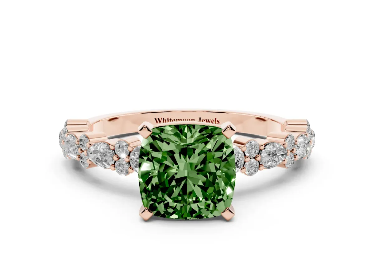 Fancy Green Cushion Cut Diamond Side Stone Solitaire Ring with Round and Four-Prong Setting Rose gold