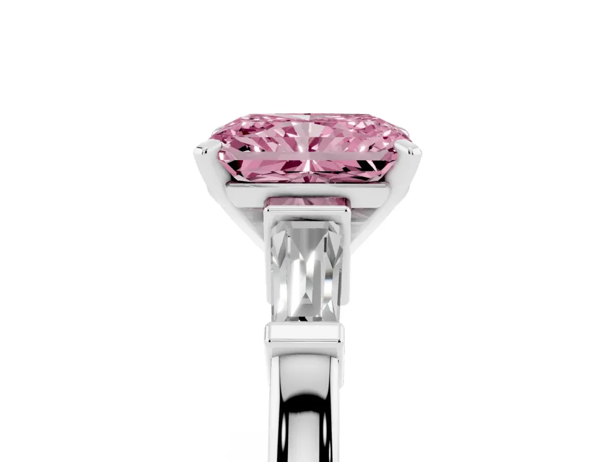 Fancy Pink Radiant Cut Cut Diamond Solitaire Ring with Tapered Baguette Accents and Four-Prong Setting White gold