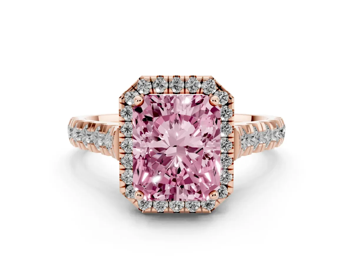 Fancy Pink Radiant Cut Halo Pavé Diamond Engagement Ring with Four-Prong Setting Rose gold