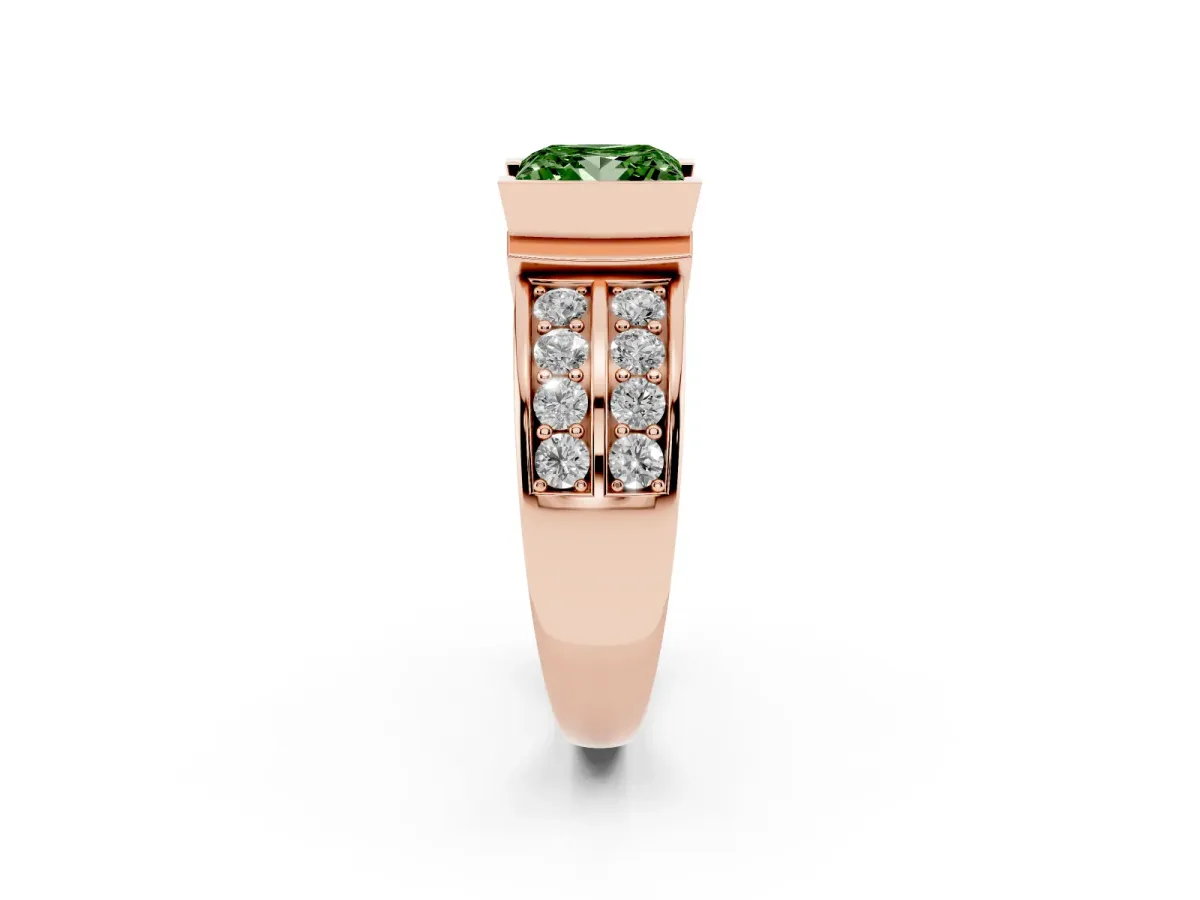 Fancy Green Princess Cut Brilliant Diamond Channel Set Wide Band Ring with Bezel Setting Rose gold