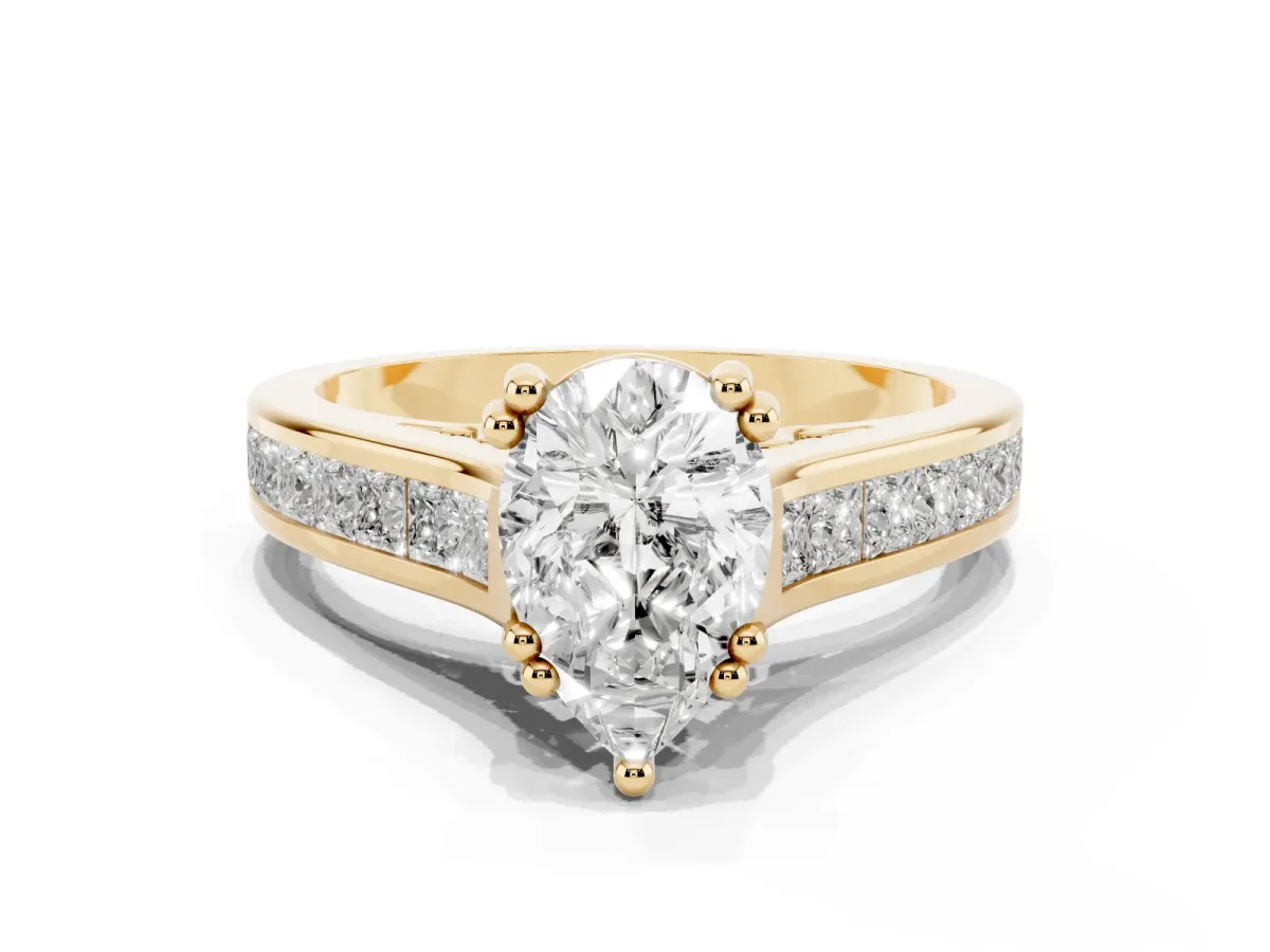 Pear Cut Cut Channel Set Solitaire Engagement Ring with Prong Setting Yellow gold