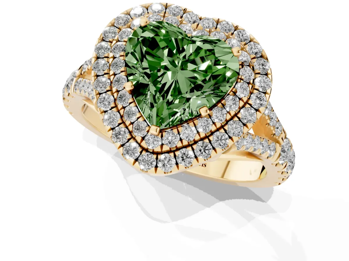 Fancy Green Double Halo Heart Cut Diamond Split Shank Engagement Ring with Four-Prong Setting Yellow gold