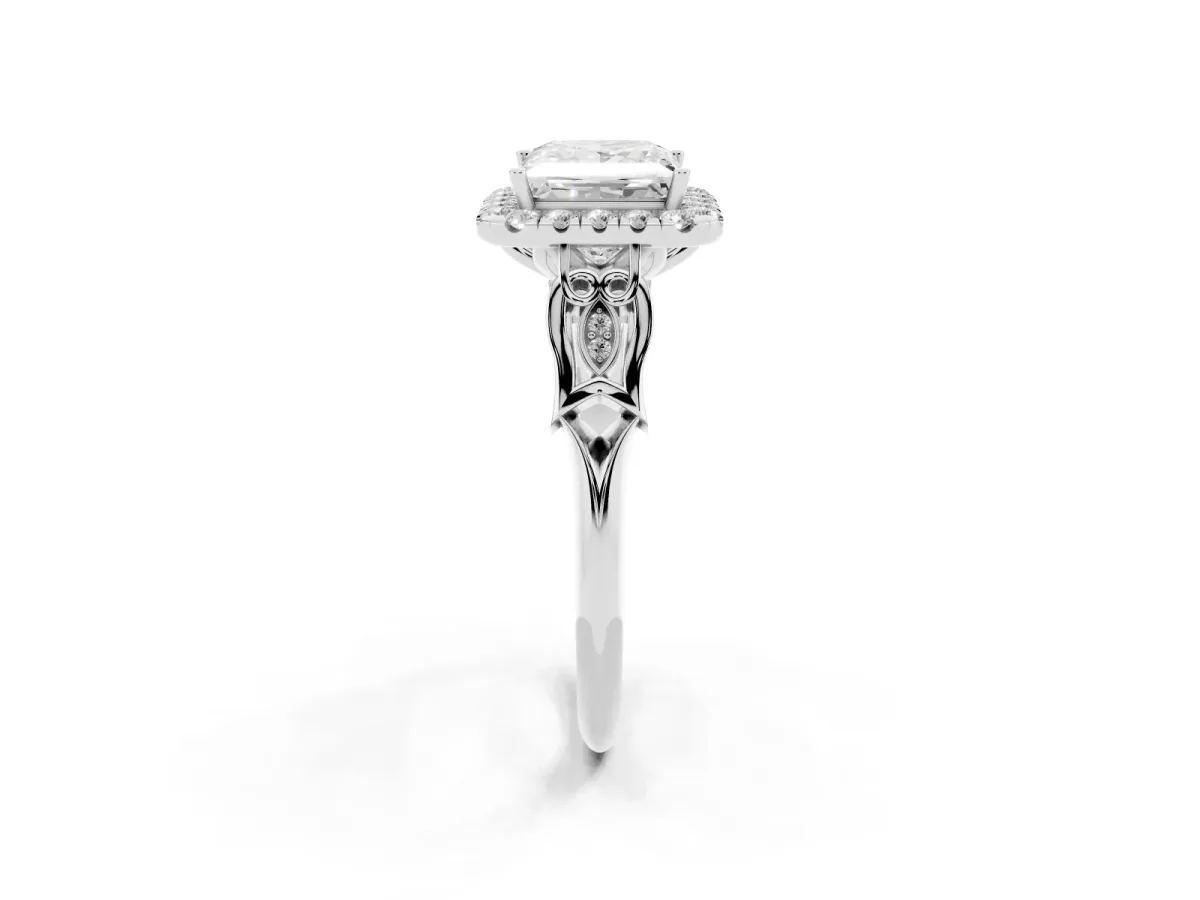 Princess Cut Halo Diamond Engagement Ring with Filigree Band and Four-Prong Setting Silver