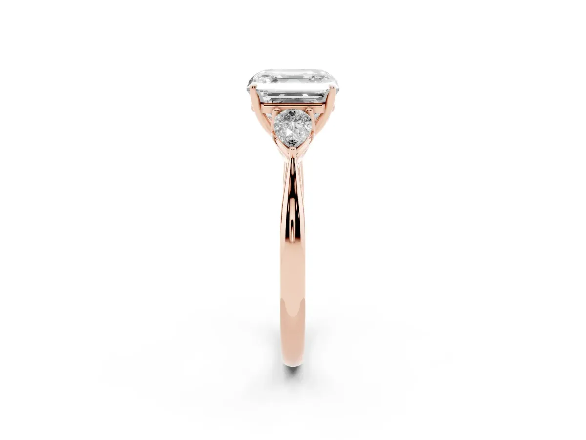 Asscher Cut Diamond Three-Stone Ring with Pear Side Stones and Prong Setting Rose gold