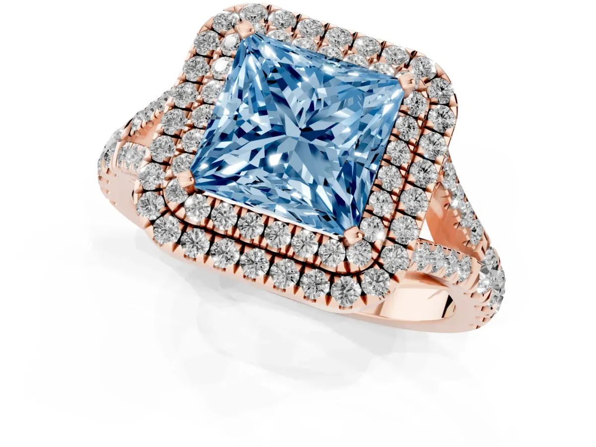 Fancy Blue Double Halo Princess Cut Diamond Split Shank Engagement Ring with Four-Prong Setting Rose gold