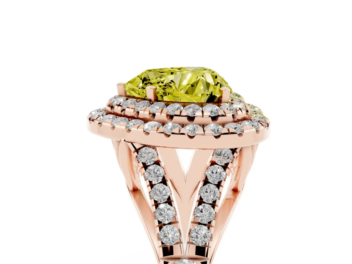 Fancy Yellow Heart Cut Cut Double Halo Split Shank Diamond Ring with Prong Setting Rose gold