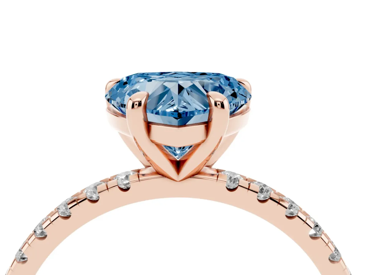 Fancy Blue Heart Cut Diamond Brilliant Solitaire Ring with Pavé Band and Four-Prong Setting Rose gold
