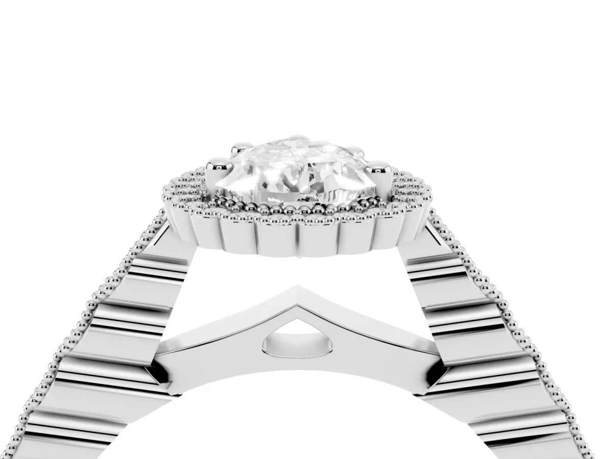 Pear Cut Cut Halo Pavé Solitaire Ring with Milgrain Band White gold