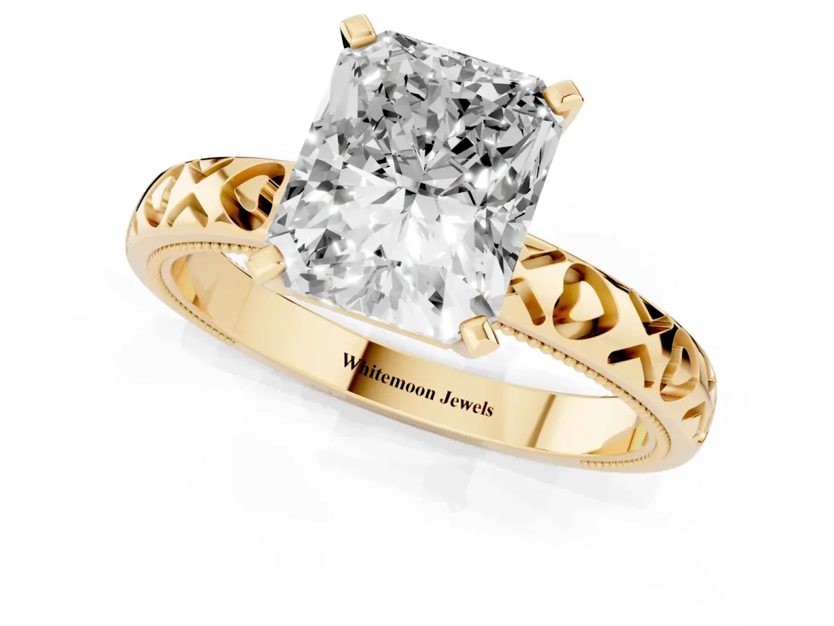 Radiant Cut Solitaire Diamond Engagement Ring with XO Engraved Band and Four-Prong Setting Yellow gold