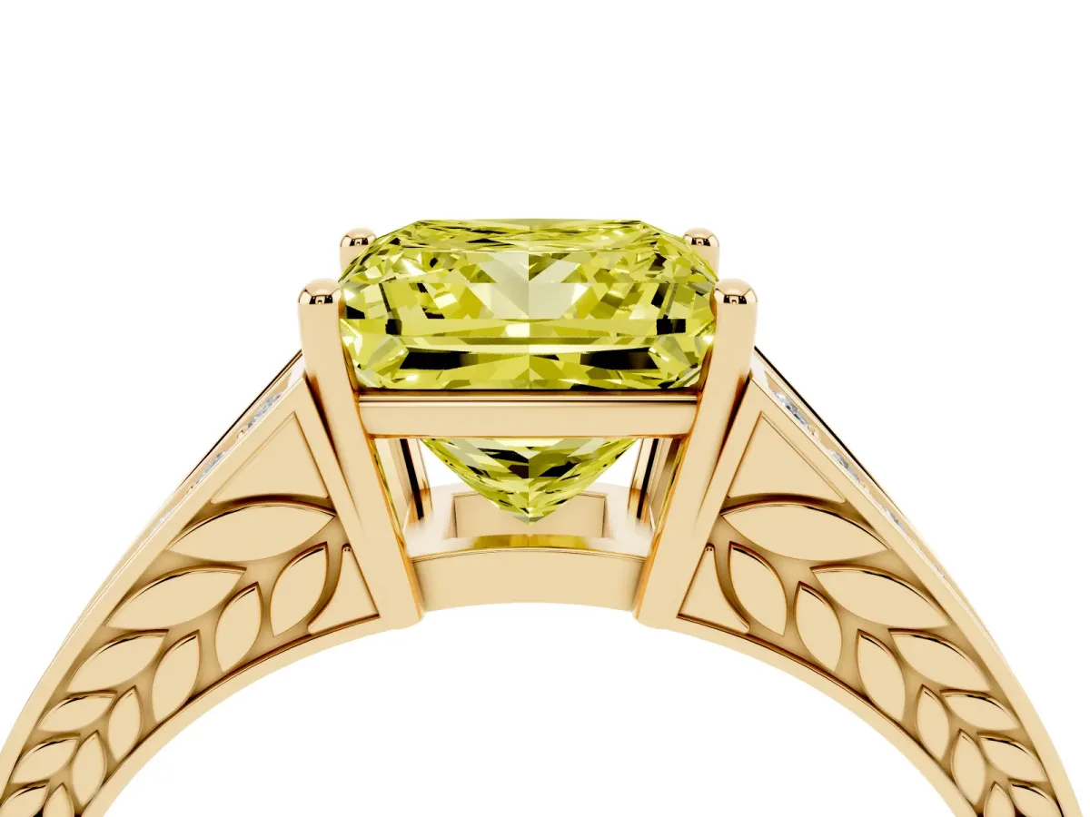 Fancy Yellow Princess Cut Diamond Split Shank Ring with Pavé Band and Four-Prong Setting Yellow gold