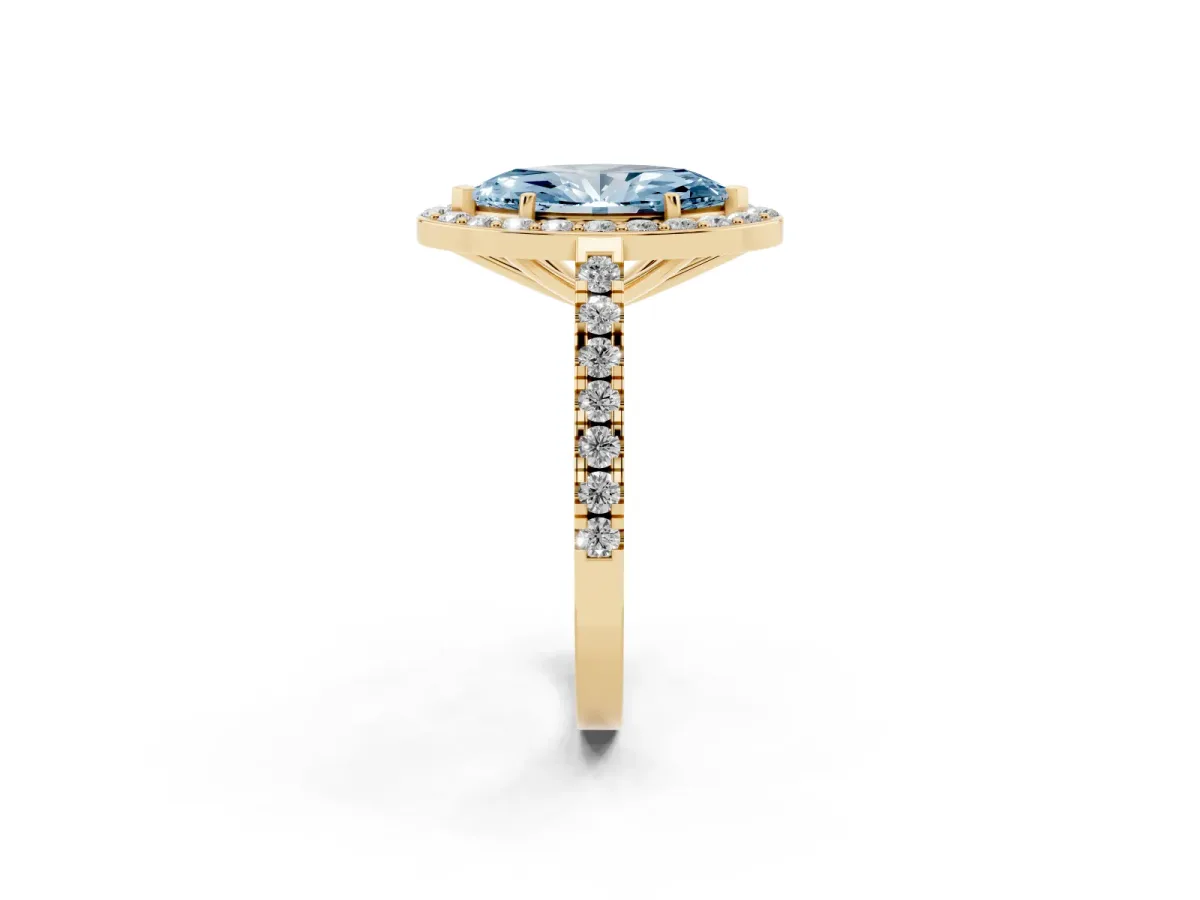 Fancy Blue Marquise Cut Diamond Halo Ring with Round Pavé Split Shank and Prong Setting Yellow gold