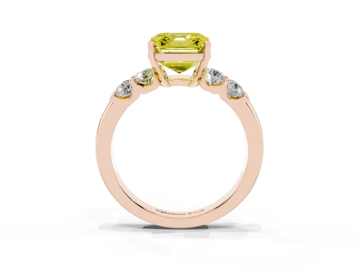 Fancy Yellow Asscher Cut Brilliant Cut Diamond Five-Stone Prong Set Engagement Ring with Channel Band Rose gold