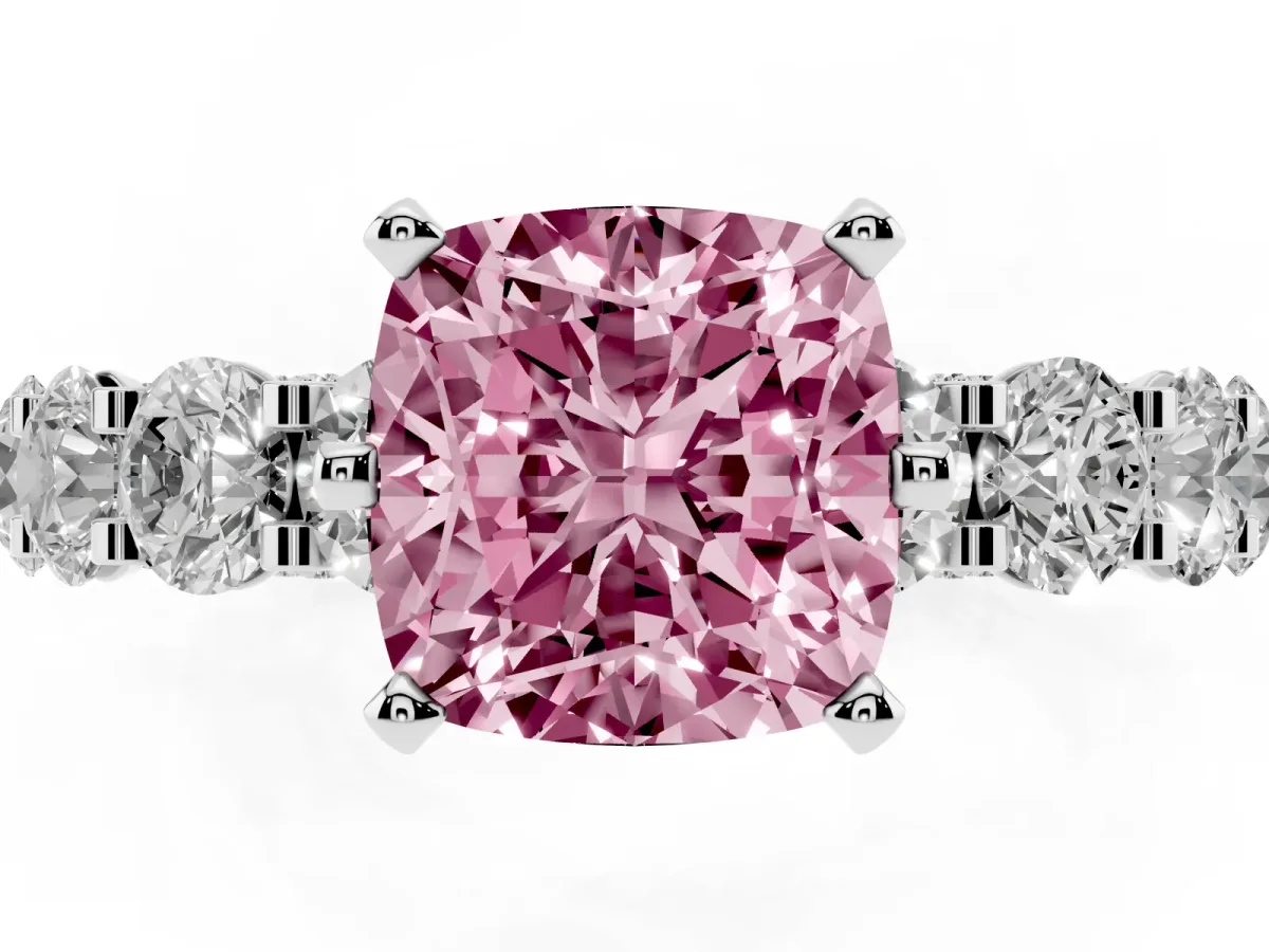 Fancy Pink Cushion Cut Diamond Side Stone Engagement Ring with Four-Prong Setting Platinum
