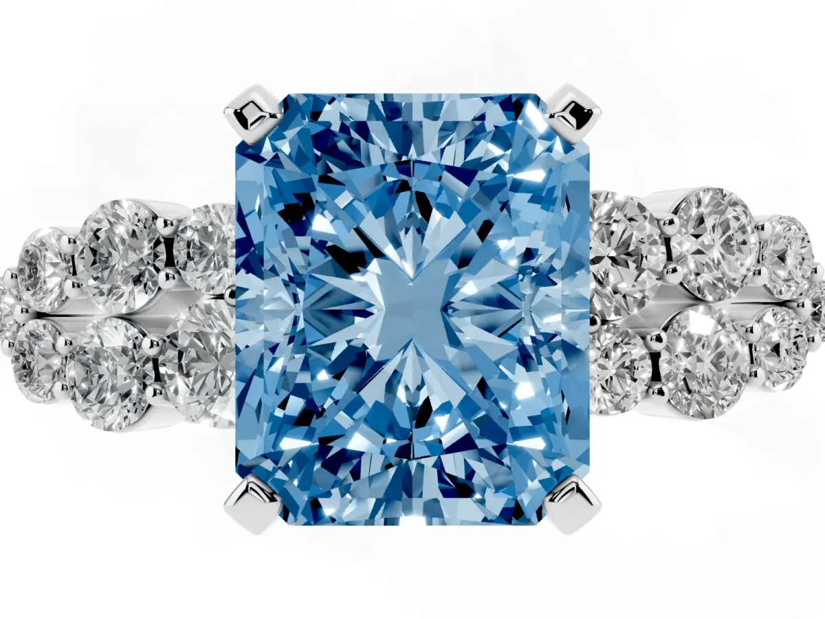 Fancy Blue Radiant Cut Cluster Diamond Engagement Ring with Pavé Band and Four-Prong Setting Silver