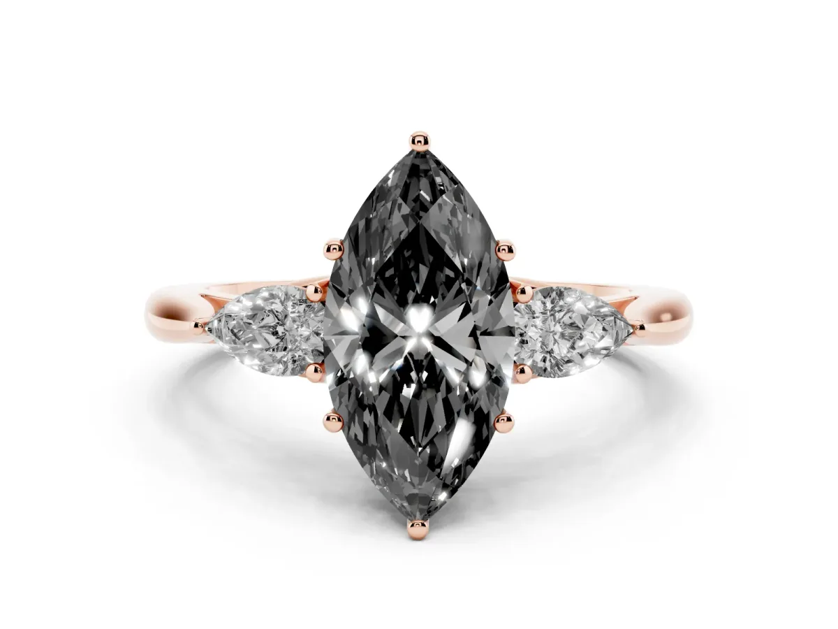 Fancy Black Marquise Cut Diamond Three-Stone Ring with Pear Side Stones and Prong Setting Rose gold