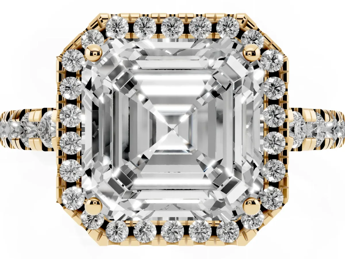 Asscher Cut Diamond Halo Ring with Pavé Band and Four-Prong Setting Yellow gold