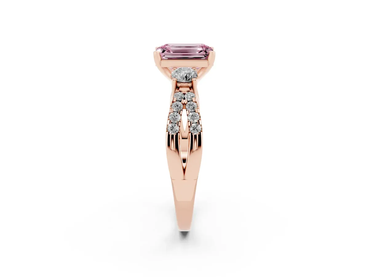 Fancy Pink Emerald Cut Diamond Three-Stone Ring with Pavé Split Shank and Four-Prong Setting Rose gold