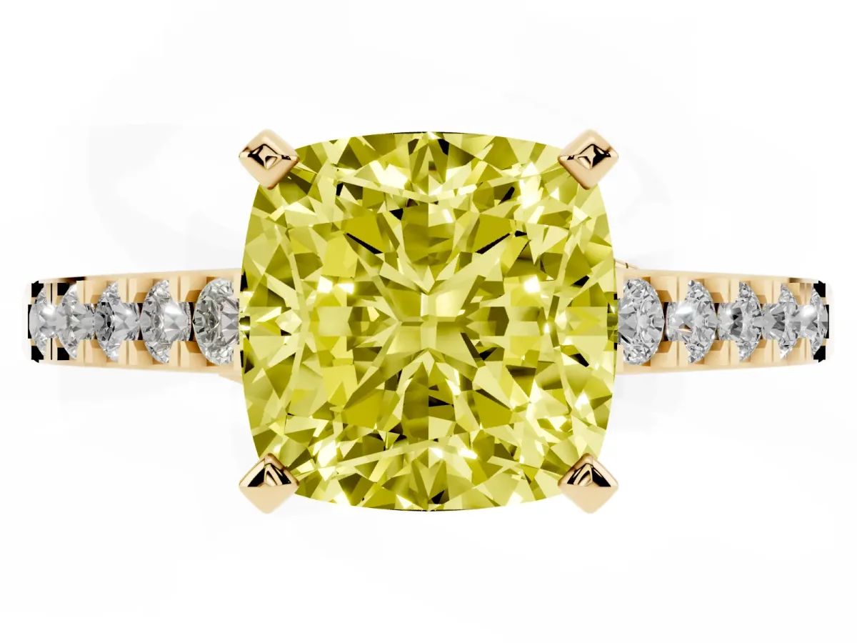Fancy Yellow Cushion Cut Diamond Solitaire Ring with Crossover Gallery and Round Pavé Band Yellow gold