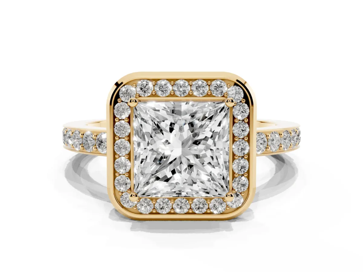 Princess Cut Diamond Halo Ring with Bezel Frame and Pavé Band Yellow gold