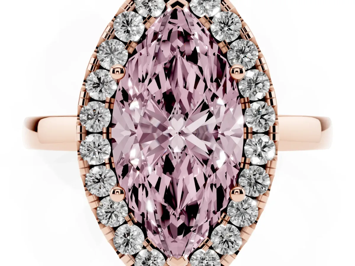Fancy Pink Marquise Cut Halo Diamond Solitaire with Pavé Band and Four-Prong Setting Rose gold