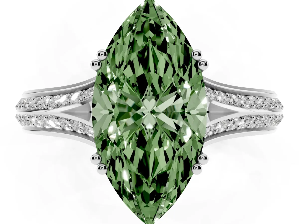 Fancy Green Marquise Cut Diamond Split Shank Engagement Ring with Pavé Band Silver