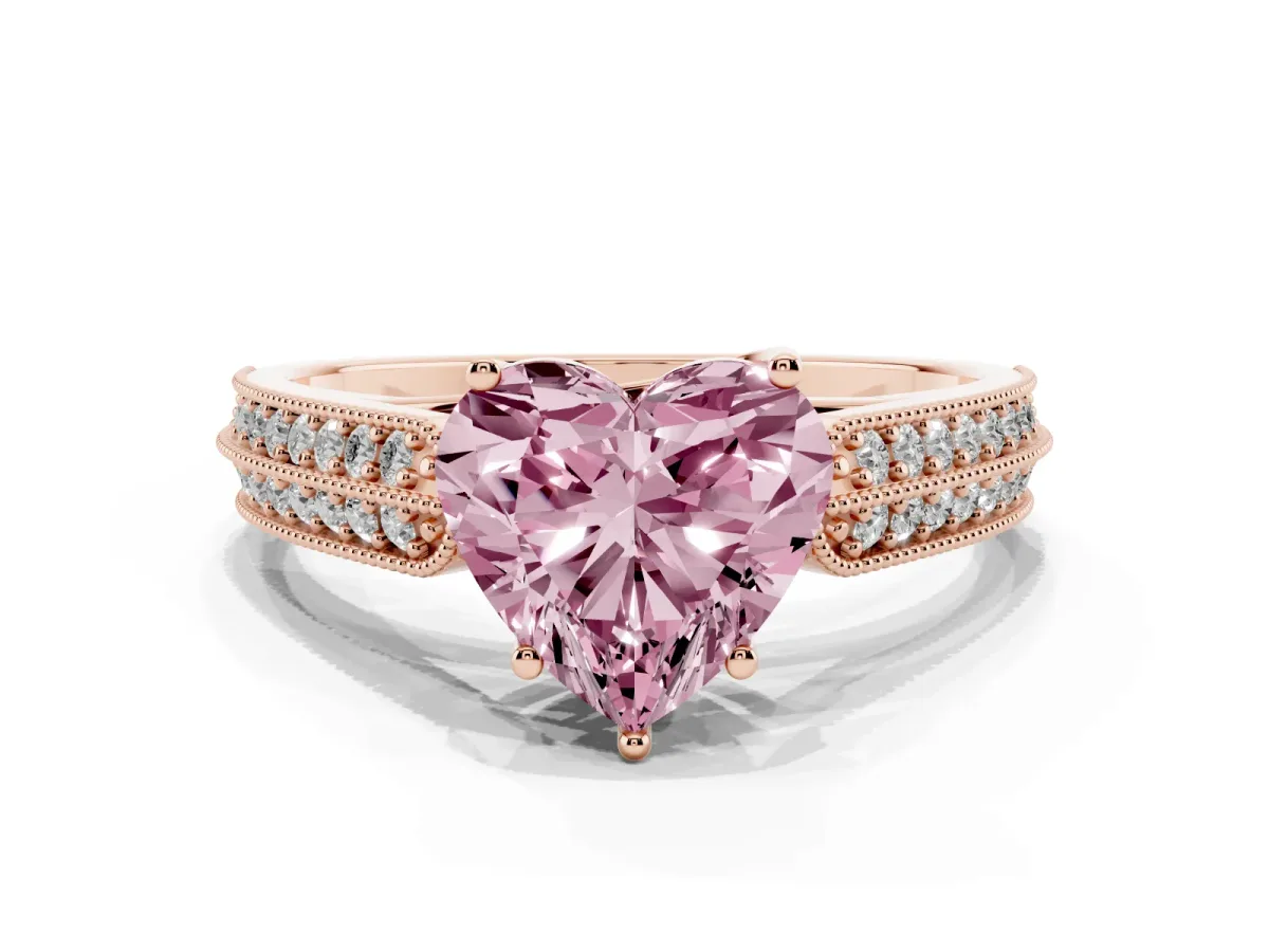 Fancy Pink Heart Cut Cut Pave Split Shank Engagement Ring with Four-Prong Setting Rose gold